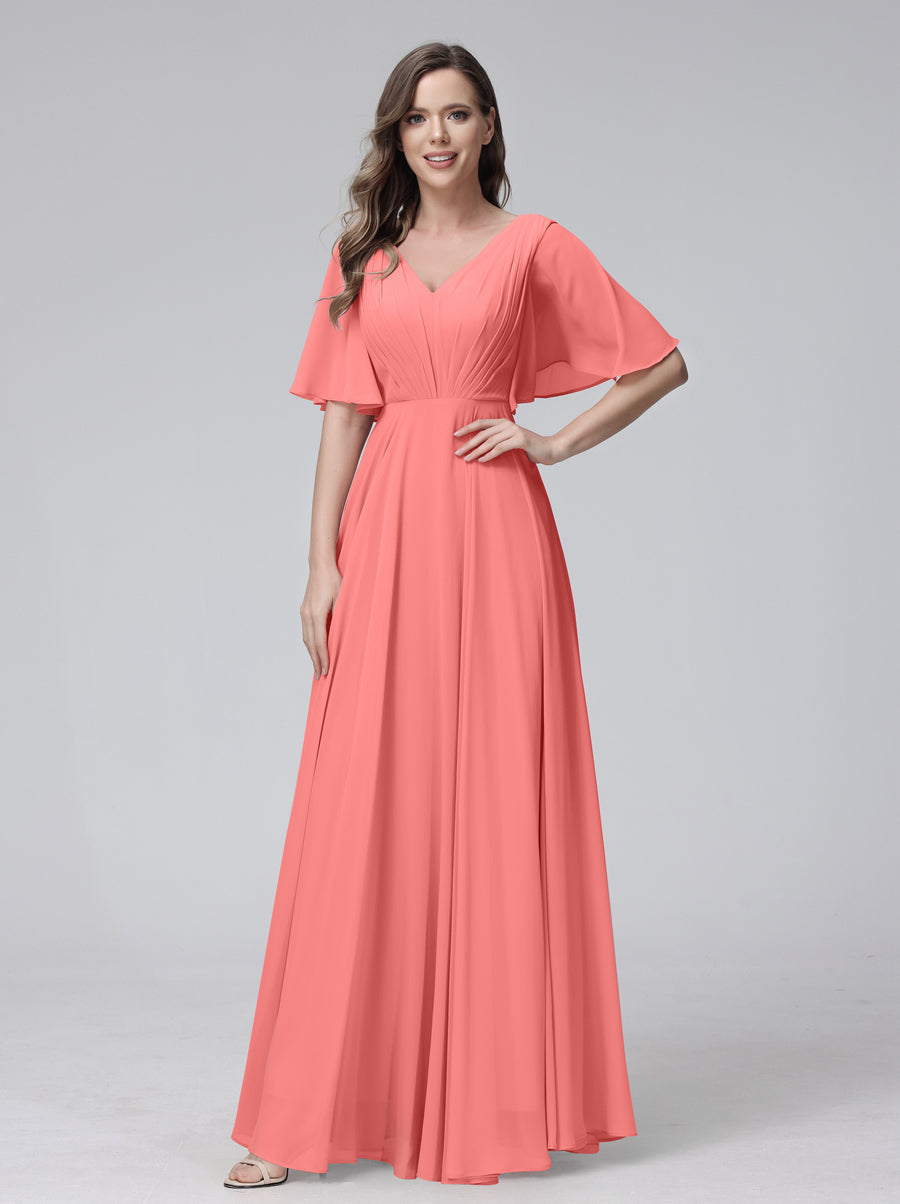 A-Line V-Neck Half Sleeves Long Chiffon Bridesmaid Dresses With Ruffles Pockets Coral