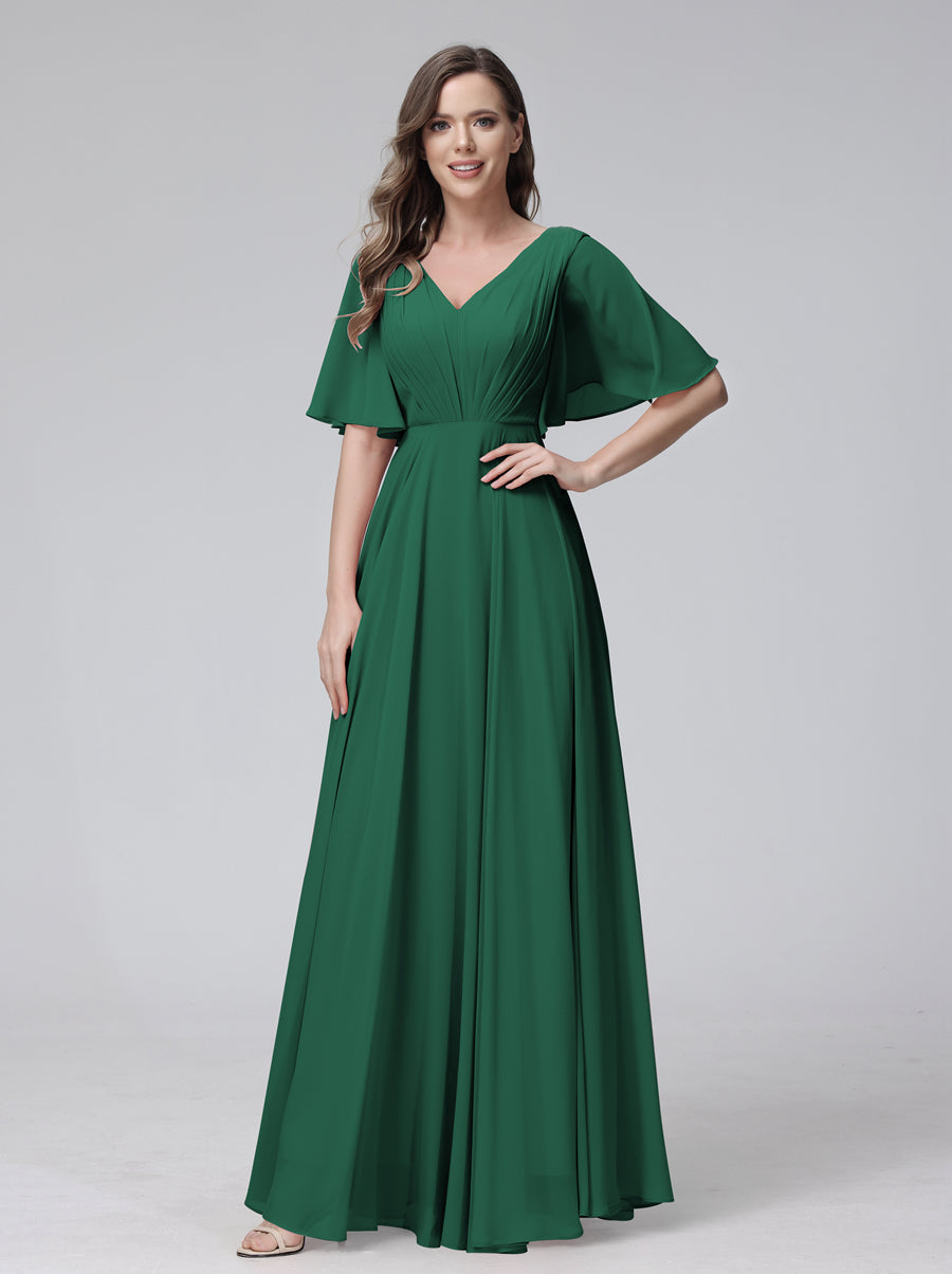 A-Line V-Neck Half Sleeves Long Chiffon Bridesmaid Dresses With Ruffles Pockets Dark Green