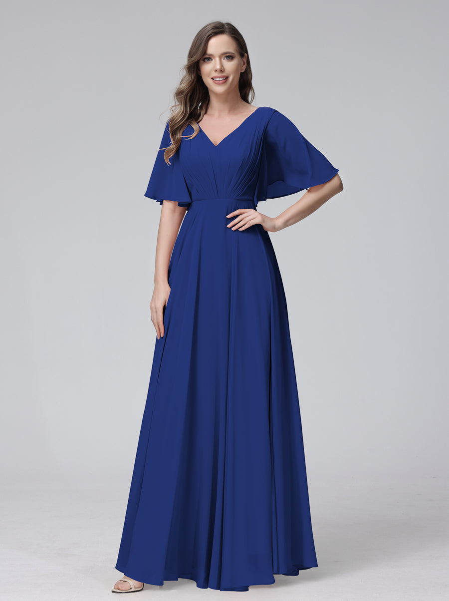 A-Line V-Neck Half Sleeves Long Chiffon Bridesmaid Dresses With Ruffles Pockets Dark Royal Blue