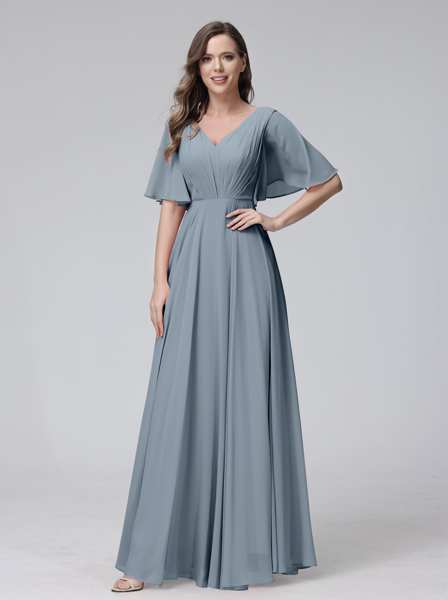 A-Line V-Neck Half Sleeves Long Chiffon Bridesmaid Dresses With Ruffles Pockets Dusty Blue