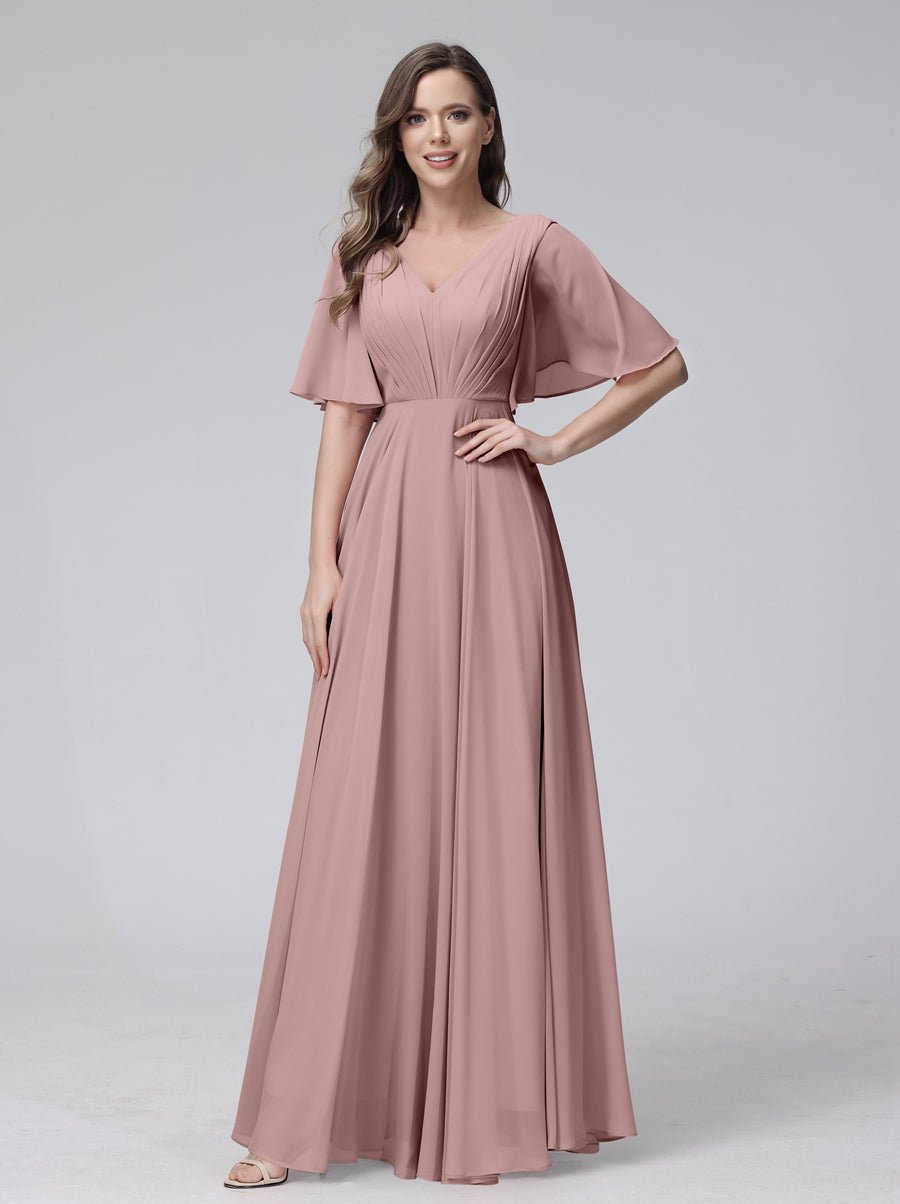 A-Line V-Neck Half Sleeves Long Chiffon Bridesmaid Dresses With Ruffles Pockets Dusty Pink