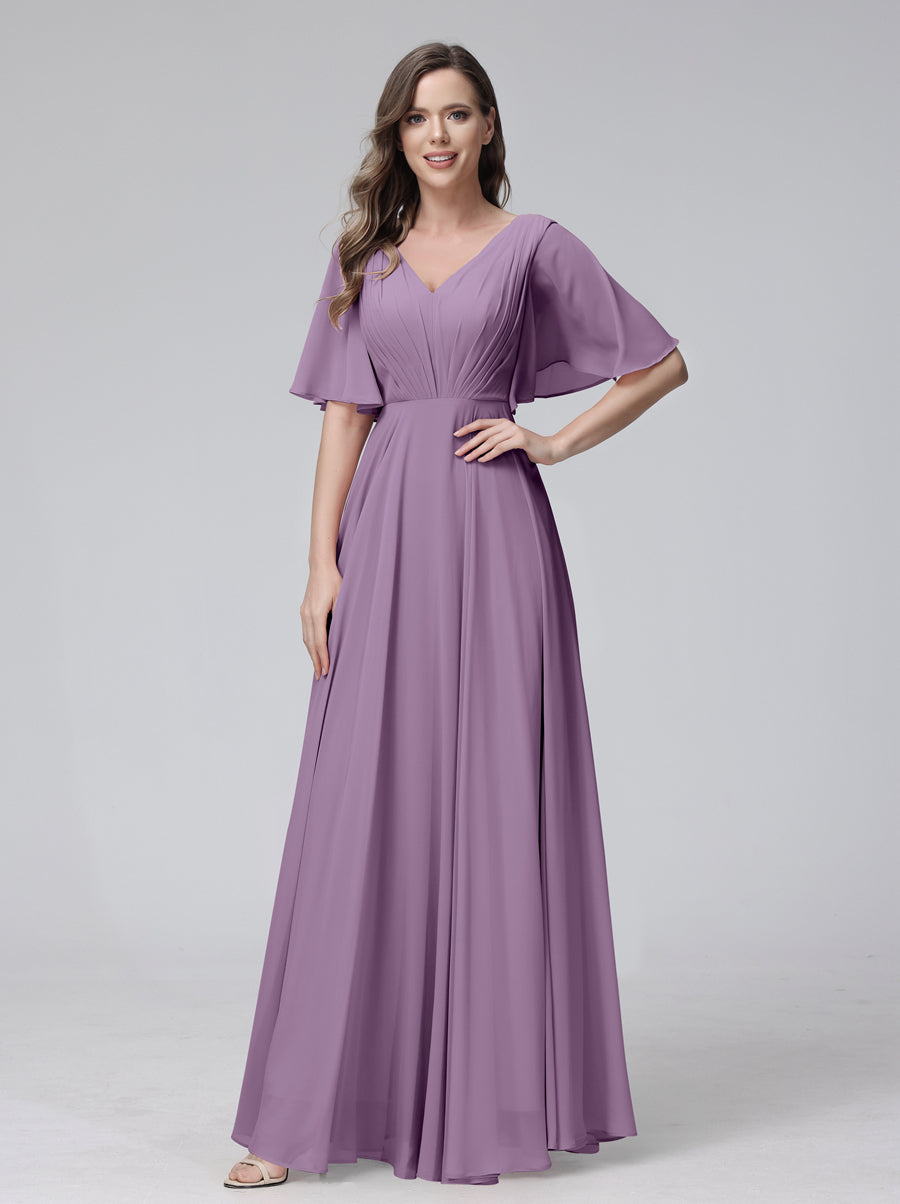 A-Line V-Neck Half Sleeves Long Chiffon Bridesmaid Dresses With Ruffles Pockets Dusty Purple
