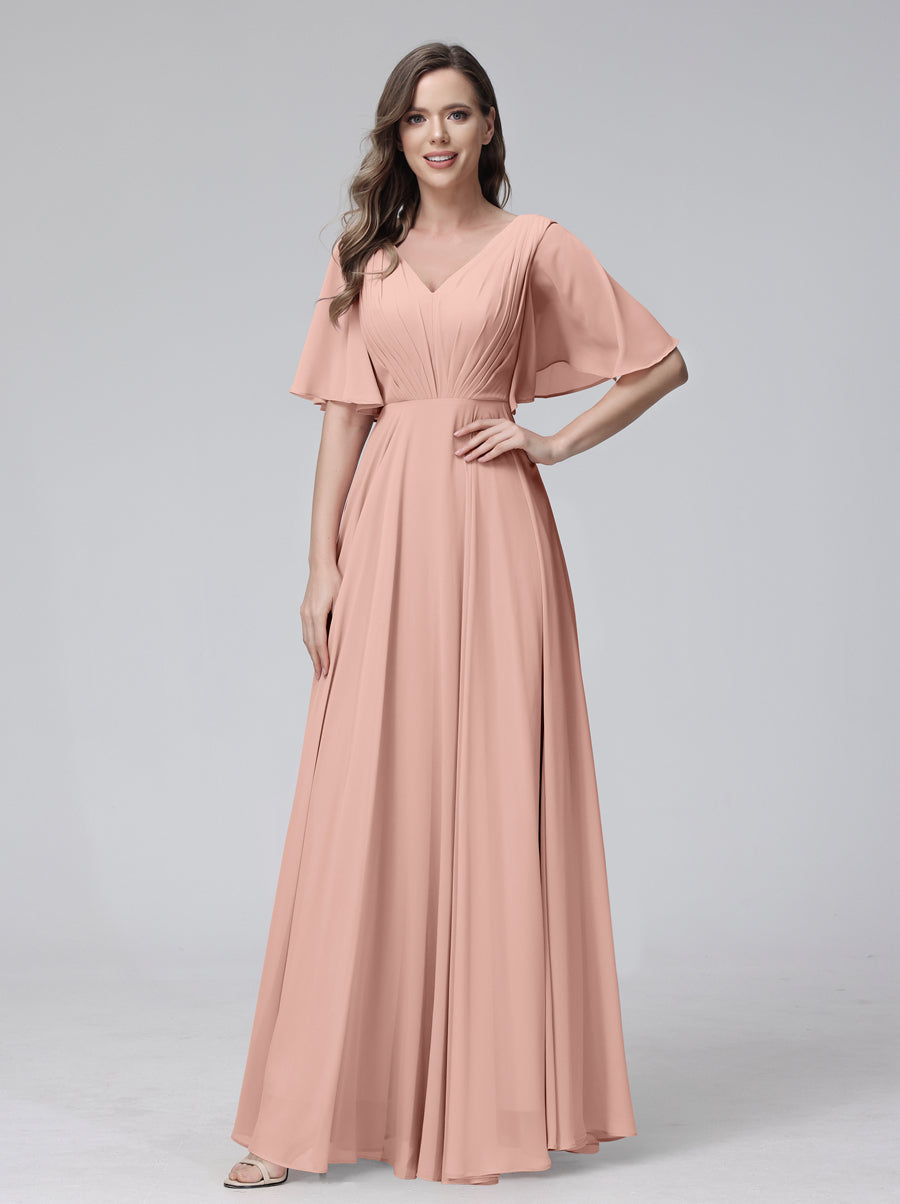 A-Line V-Neck Half Sleeves Long Chiffon Bridesmaid Dresses With Ruffles Pockets Dusty Rose