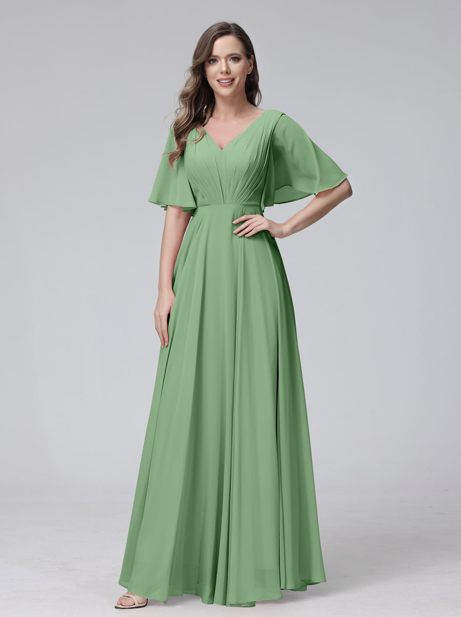 A-Line V-Neck Half Sleeves Long Chiffon Bridesmaid Dresses With Ruffles Pockets Dusty Sage