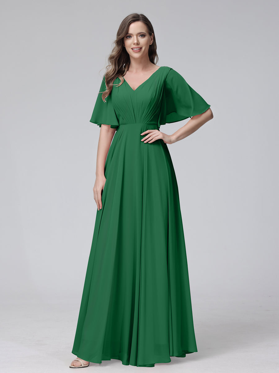 A-Line V-Neck Half Sleeves Long Chiffon Bridesmaid Dresses With Ruffles Pockets Emerald