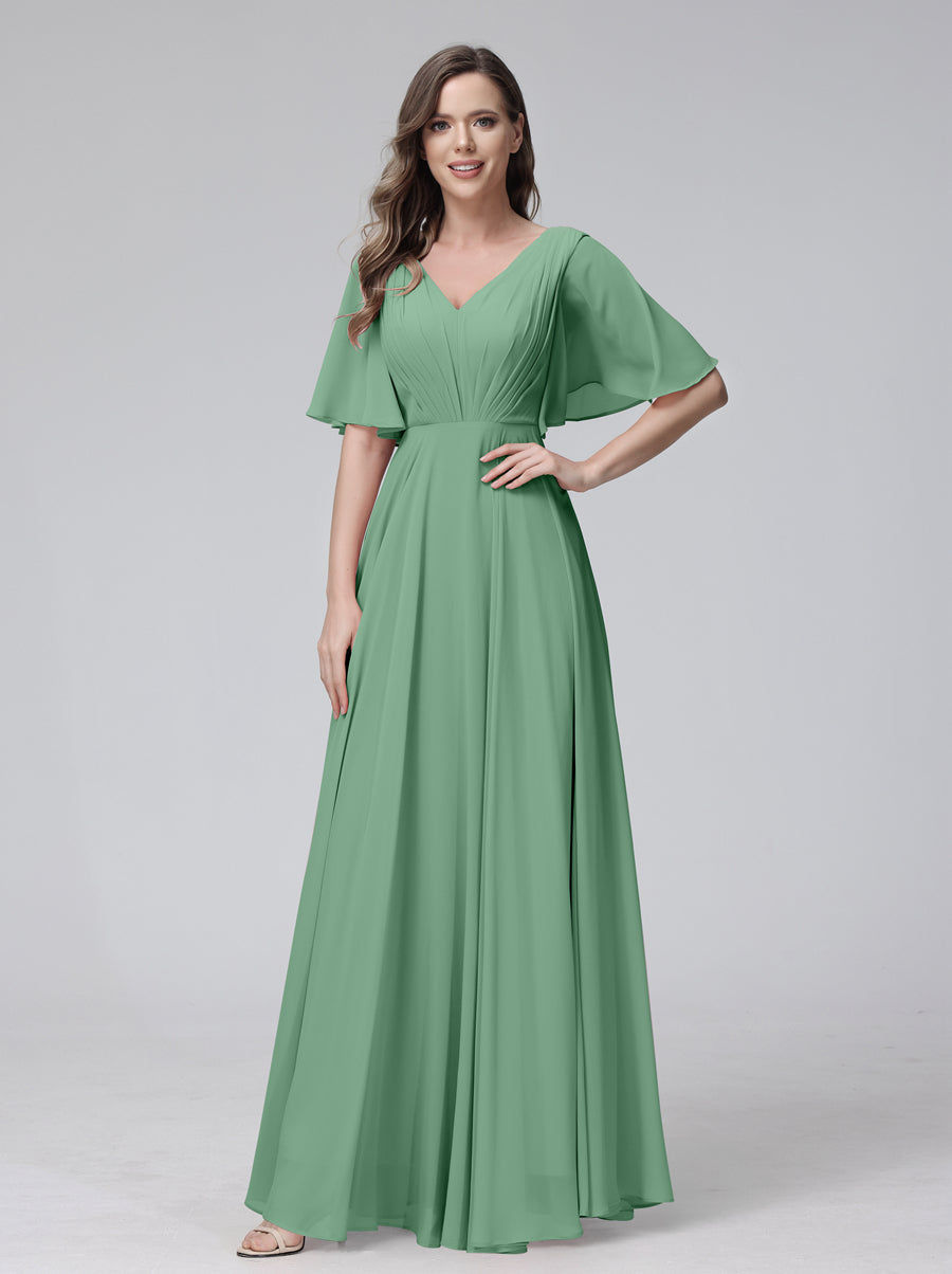 A-Line V-Neck Half Sleeves Long Chiffon Bridesmaid Dresses With Ruffles Pockets Eucalyptus