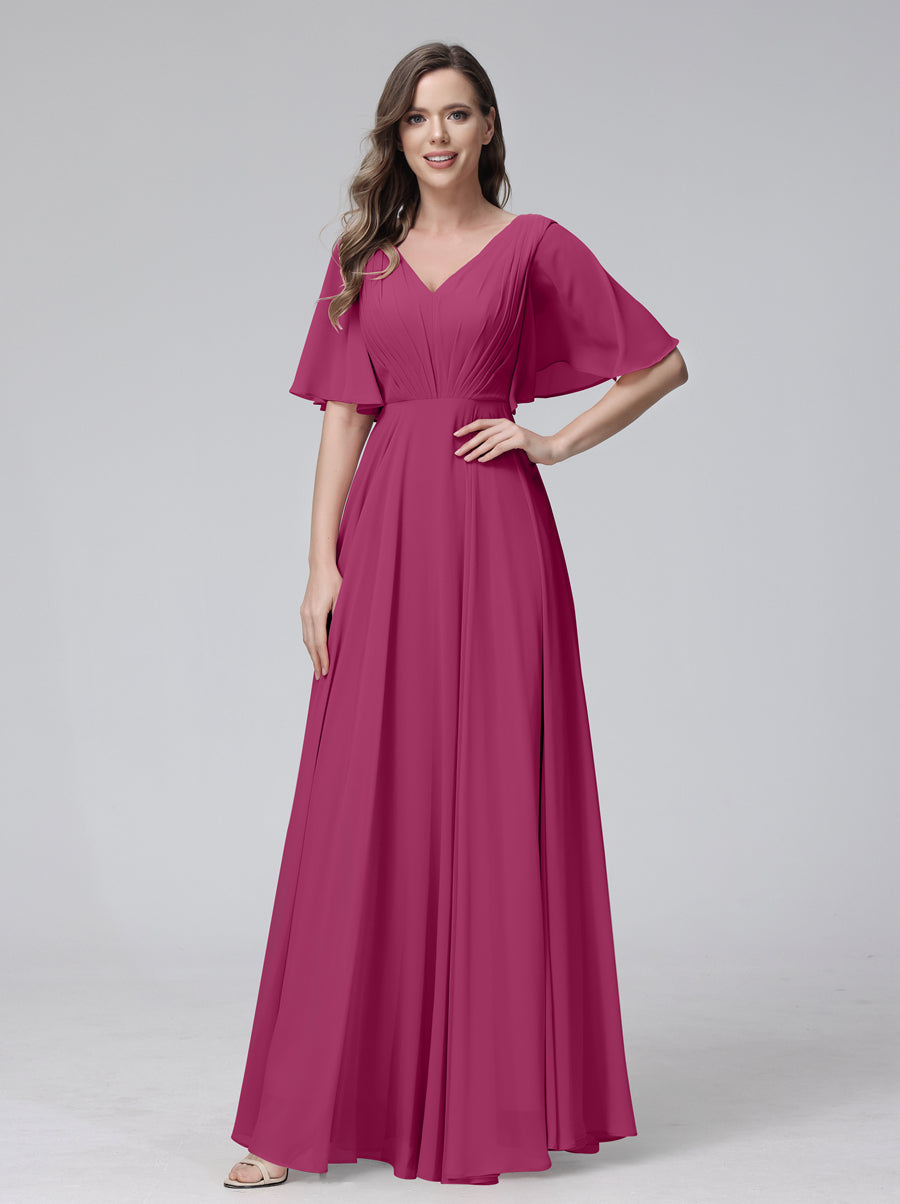 A-Line V-Neck Half Sleeves Long Chiffon Bridesmaid Dresses With Ruffles Pockets Fuchsia