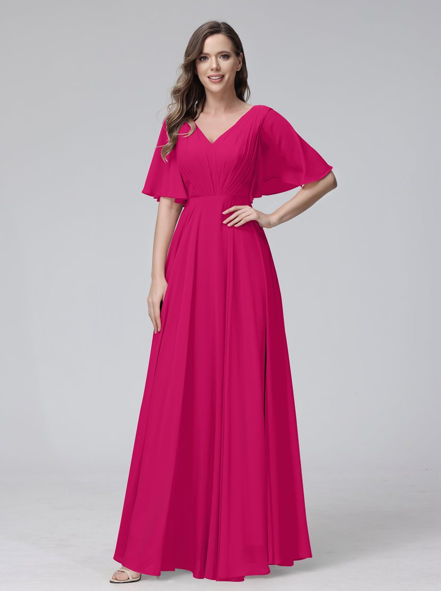 A-Line V-Neck Half Sleeves Long Chiffon Bridesmaid Dresses With Ruffles Pockets Fuchsia Pink