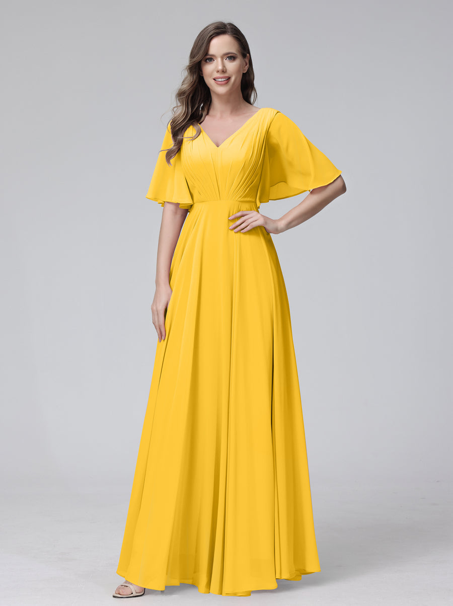 A-Line V-Neck Half Sleeves Long Chiffon Bridesmaid Dresses With Ruffles Pockets Gold