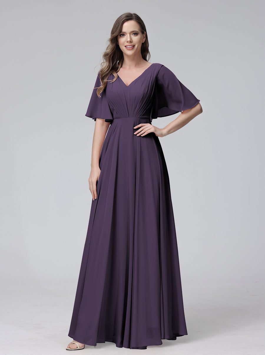 A-Line V-Neck Half Sleeves Long Chiffon Bridesmaid Dresses With Ruffles Pockets Grape