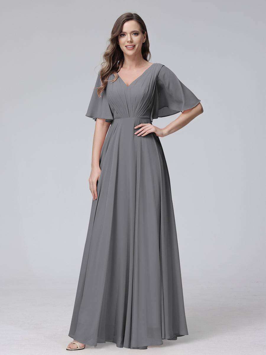 A-Line V-Neck Half Sleeves Long Chiffon Bridesmaid Dresses With Ruffles Pockets Gray