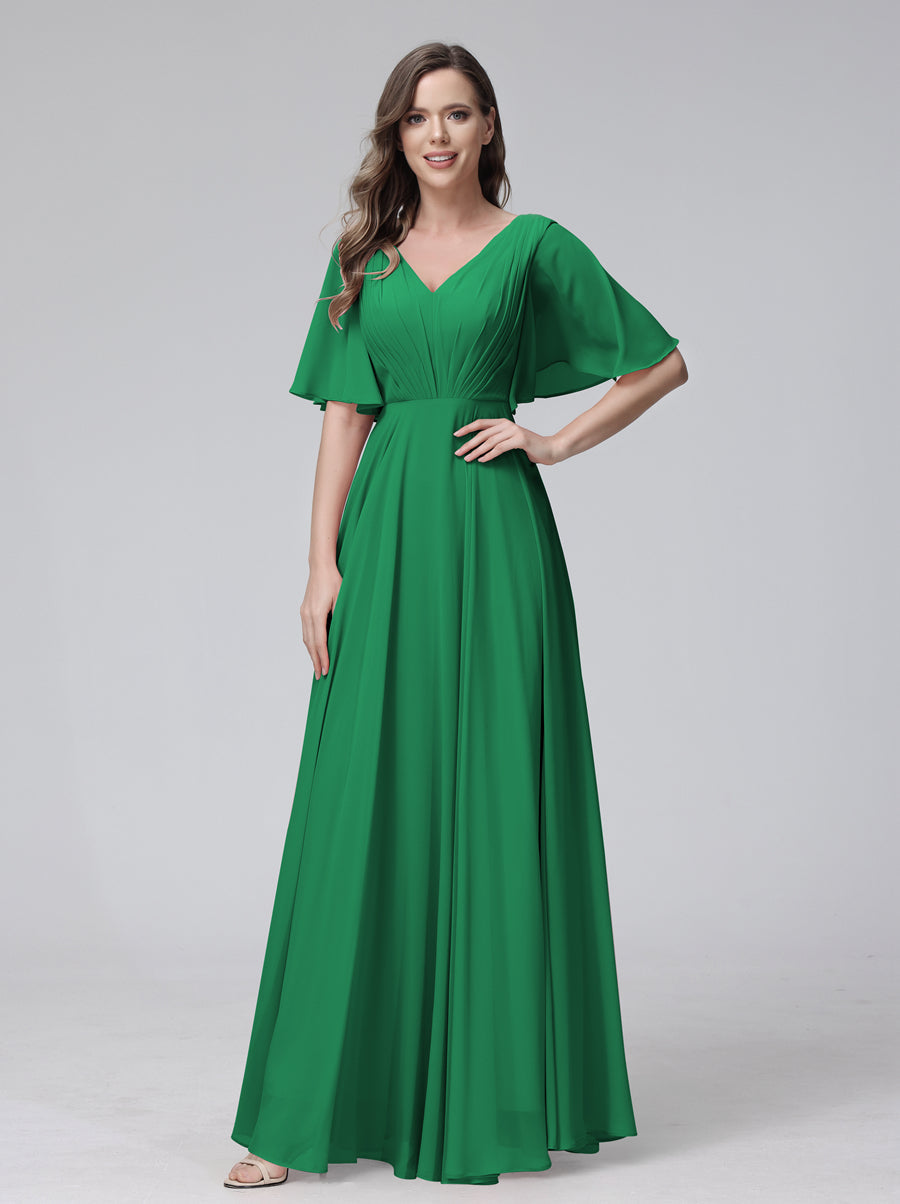 A-Line V-Neck Half Sleeves Long Chiffon Bridesmaid Dresses With Ruffles Pockets Green