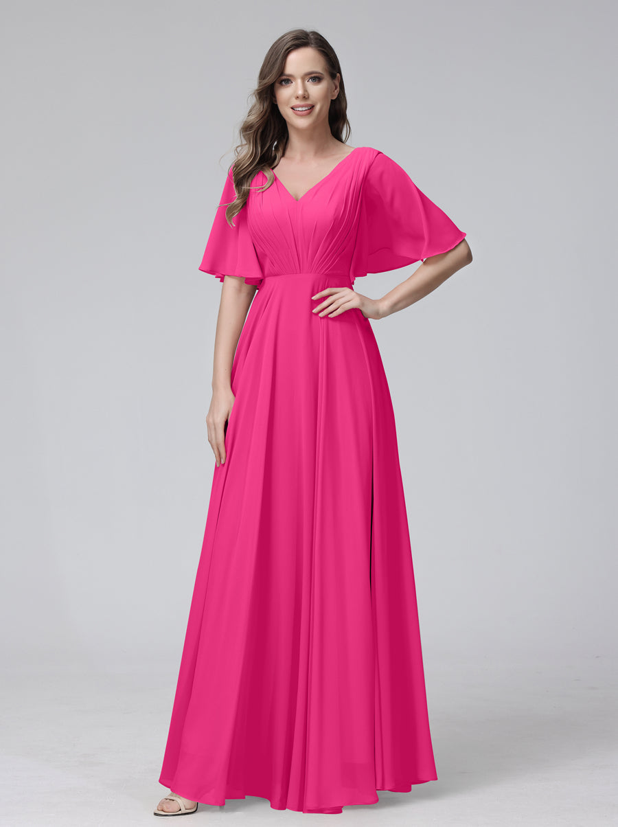 A-Line V-Neck Half Sleeves Long Chiffon Bridesmaid Dresses With Ruffles Pockets Hot Pink
