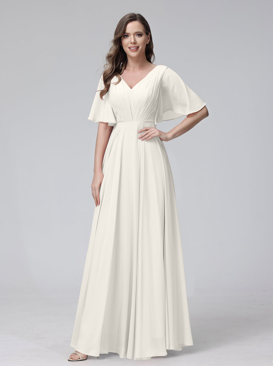 A-Line V-Neck Half Sleeves Long Chiffon Bridesmaid Dresses With Ruffles Pockets Ivory