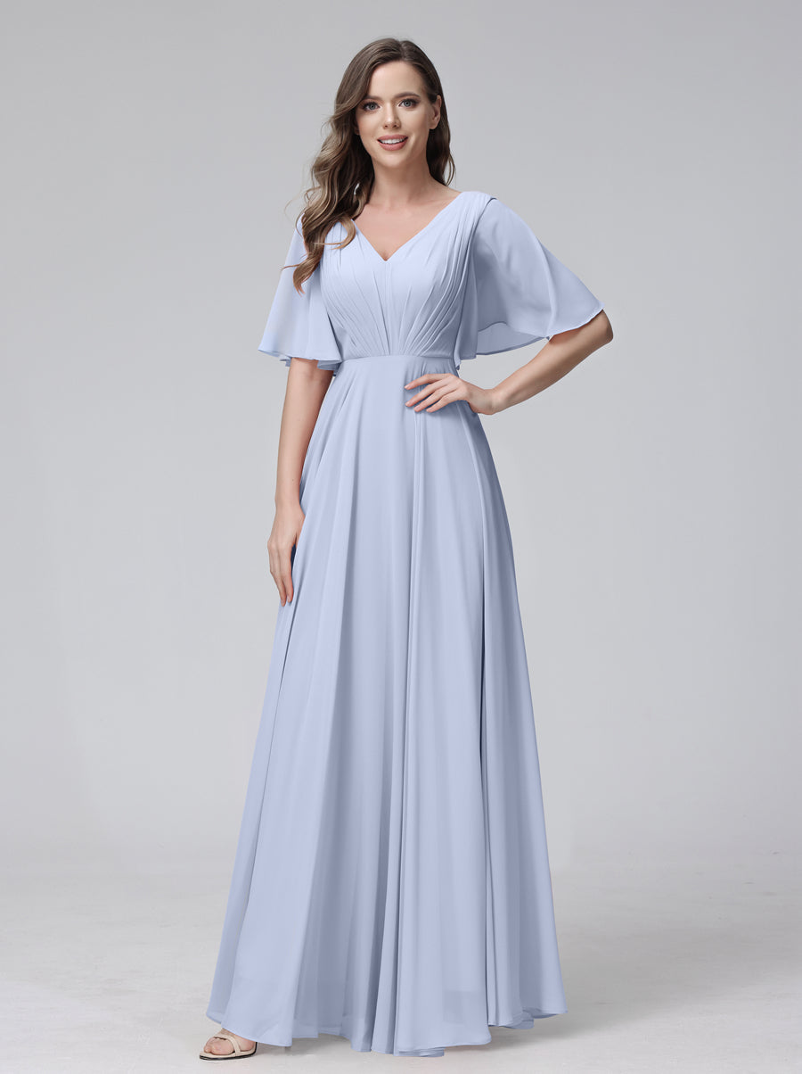 A-Line V-Neck Half Sleeves Long Chiffon Bridesmaid Dresses With Ruffles Pockets Lavender