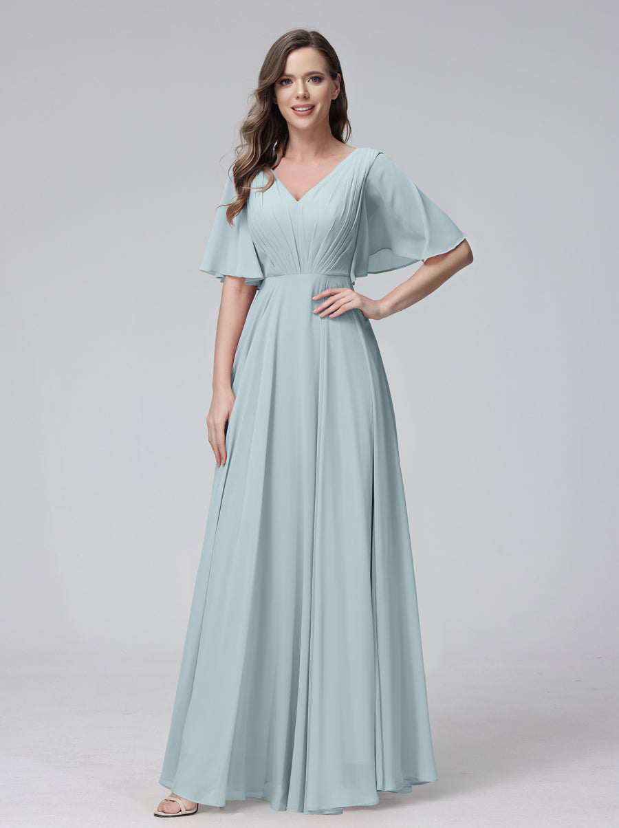 A-Line V-Neck Half Sleeves Long Chiffon Bridesmaid Dresses With Ruffles Pockets Light Blue