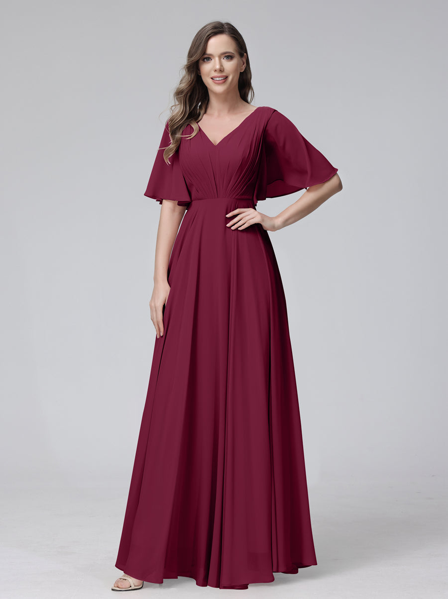 A-Line V-Neck Half Sleeves Long Chiffon Bridesmaid Dresses With Ruffles Pockets Light Burgundy