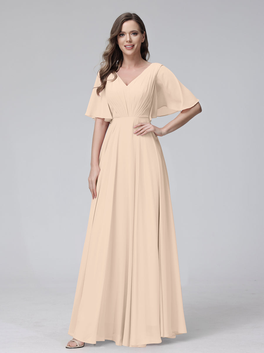 A-Line V-Neck Half Sleeves Long Chiffon Bridesmaid Dresses With Ruffles Pockets Light Champagne