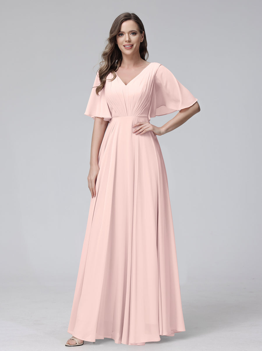 A-Line V-Neck Half Sleeves Long Chiffon Bridesmaid Dresses With Ruffles Pockets Light Pink