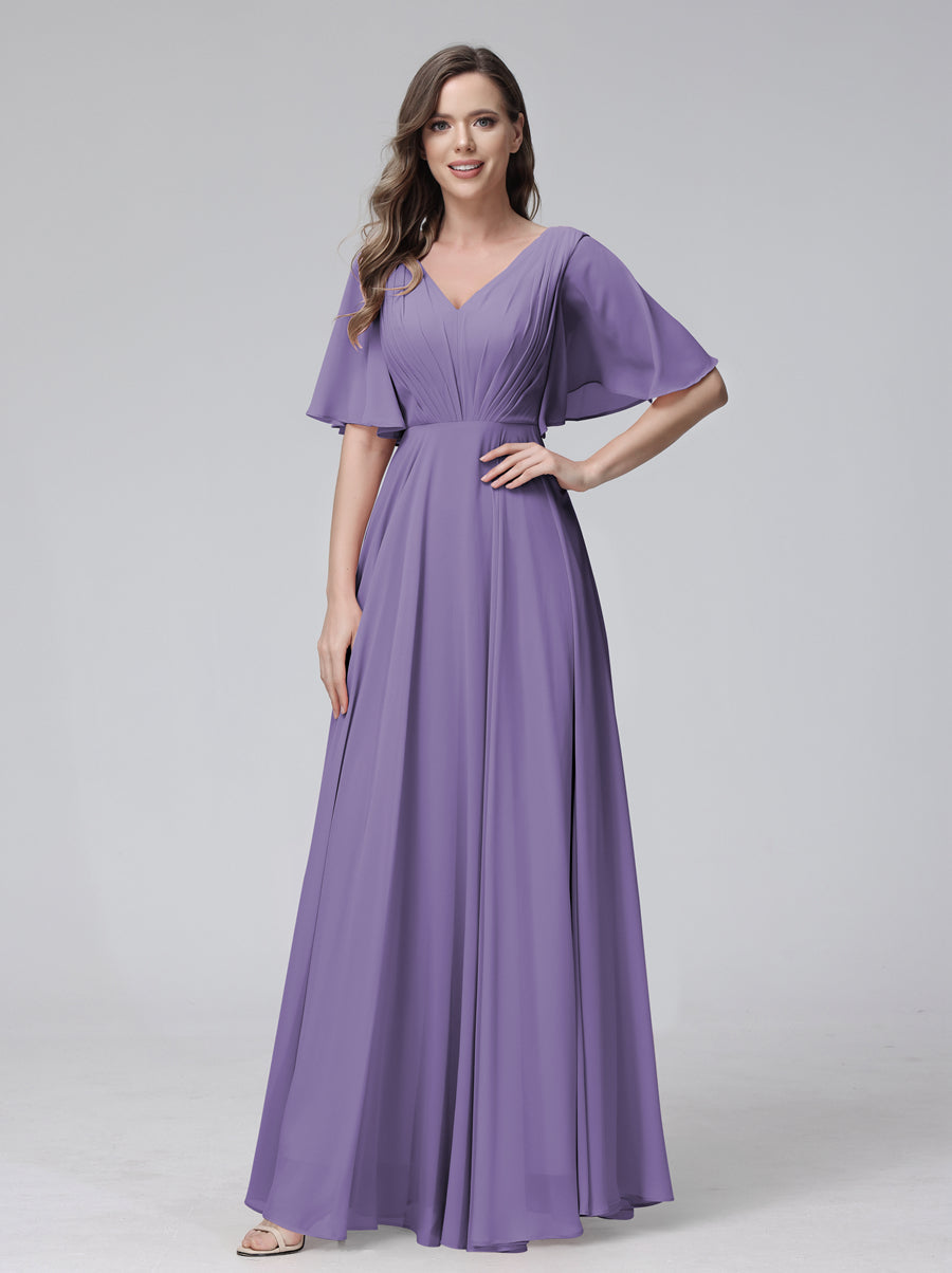 A-Line V-Neck Half Sleeves Long Chiffon Bridesmaid Dresses With Ruffles Pockets Light Purple
