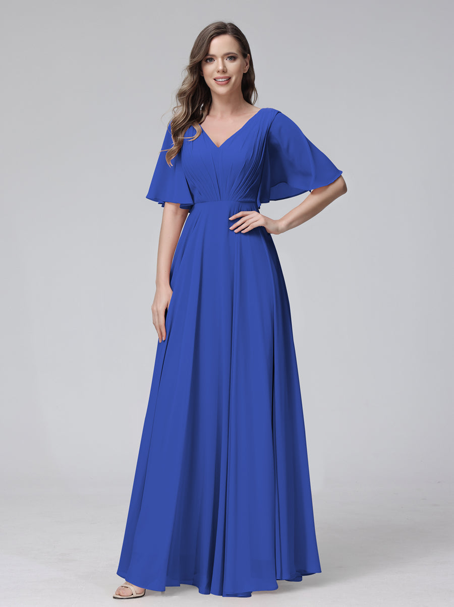 A-Line V-Neck Half Sleeves Long Chiffon Bridesmaid Dresses With Ruffles Pockets Light Royal Blue