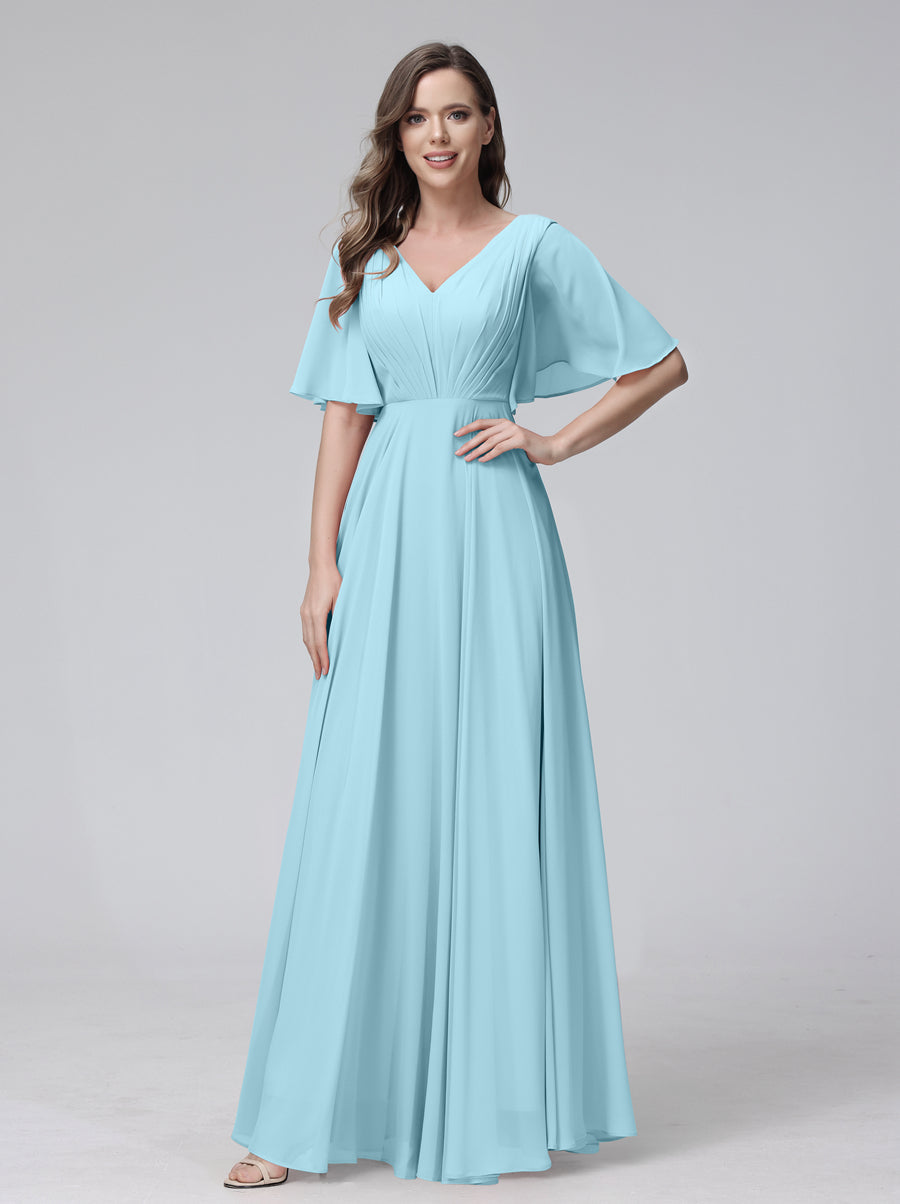 A-Line V-Neck Half Sleeves Long Chiffon Bridesmaid Dresses With Ruffles Pockets Light Sky Blue