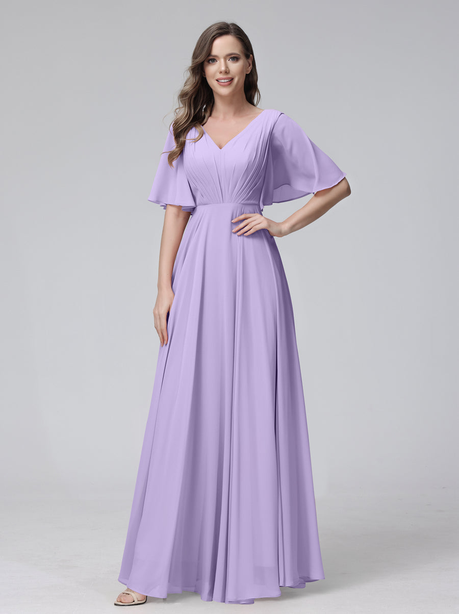 A-Line V-Neck Half Sleeves Long Chiffon Bridesmaid Dresses With Ruffles Pockets Lilac