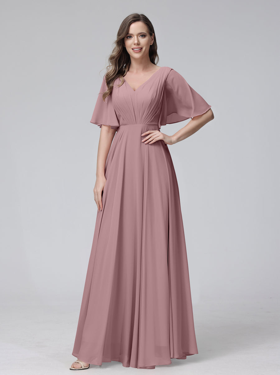 A-Line V-Neck Half Sleeves Long Chiffon Bridesmaid Dresses With Ruffles Pockets Mauve