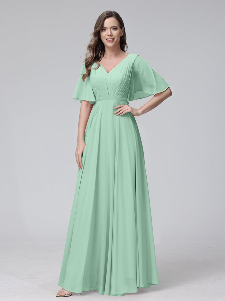 A-Line V-Neck Half Sleeves Long Chiffon Bridesmaid Dresses With Ruffles Pockets Mint Green