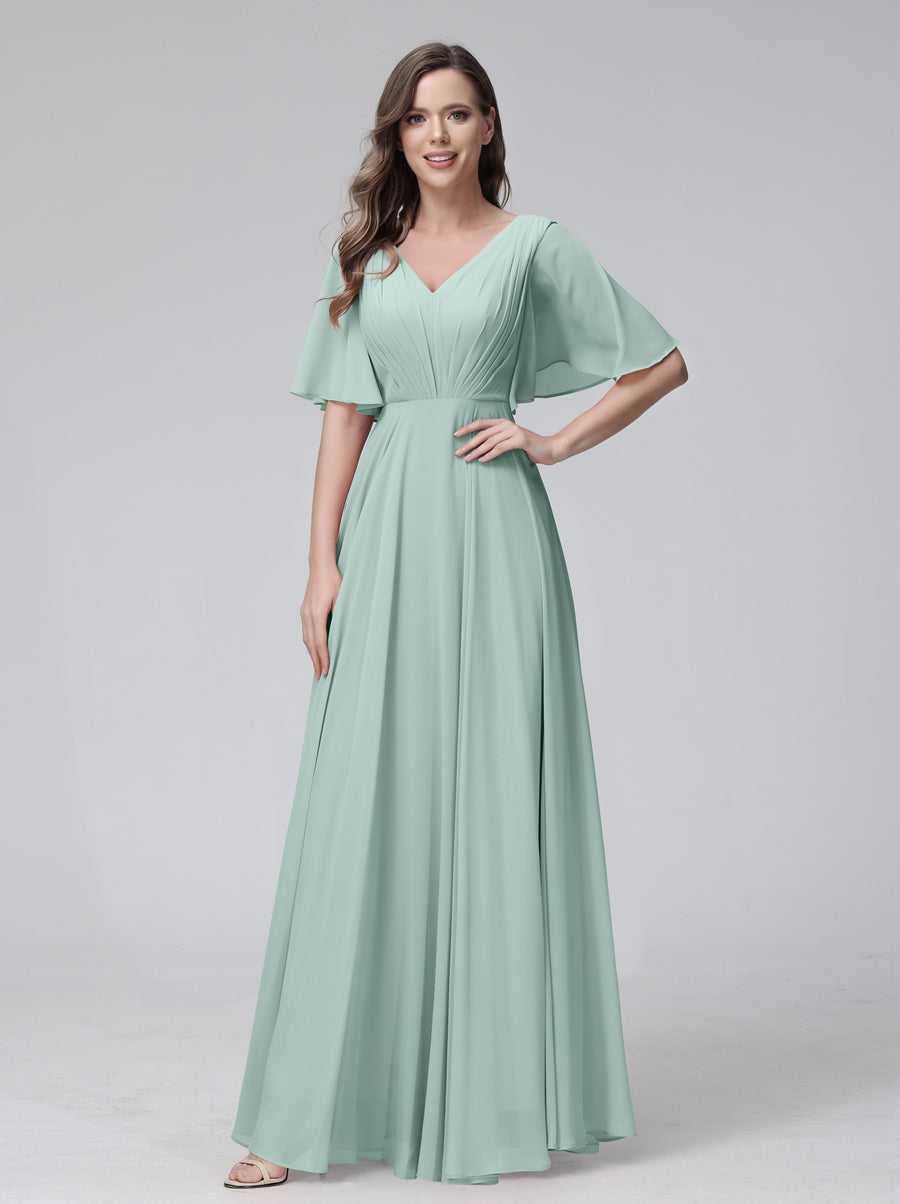 A-Line V-Neck Half Sleeves Long Chiffon Bridesmaid Dresses With Ruffles Pockets Mist Blue