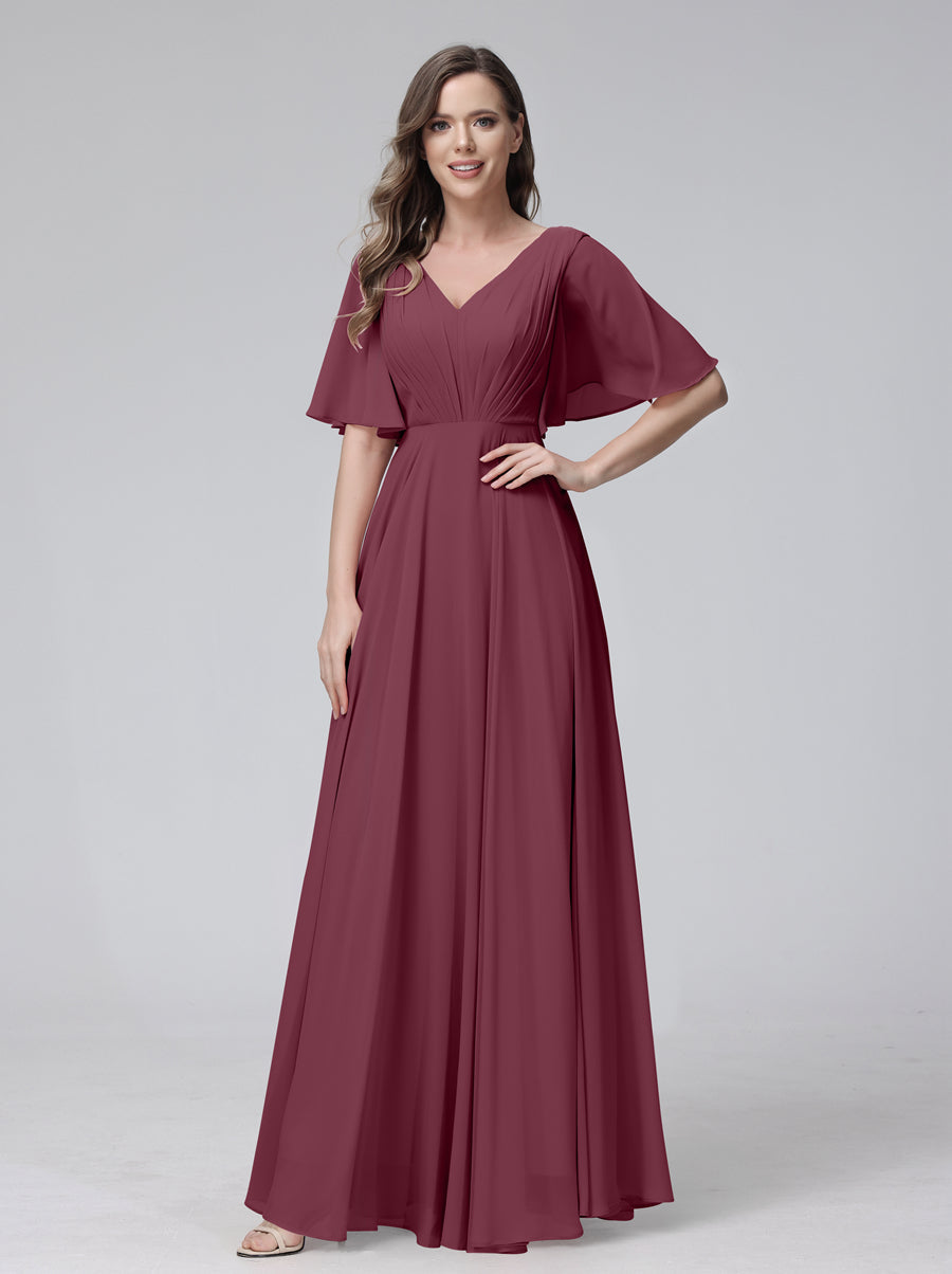 A-Line V-Neck Half Sleeves Long Chiffon Bridesmaid Dresses With Ruffles Pockets Mulberry