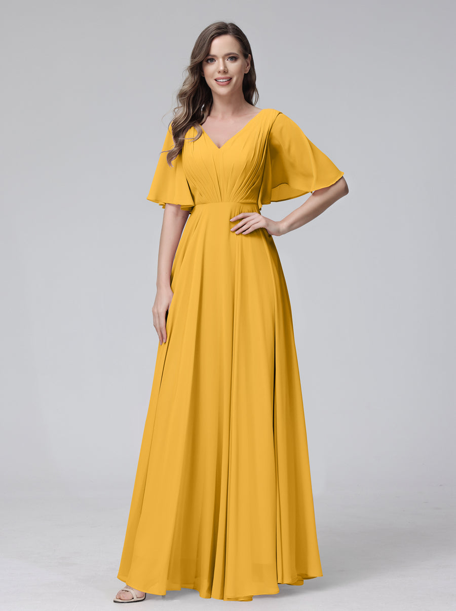 A-Line V-Neck Half Sleeves Long Chiffon Bridesmaid Dresses With Ruffles Pockets Mustard Yellow