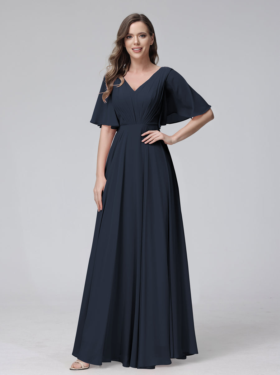 A-Line V-Neck Half Sleeves Long Chiffon Bridesmaid Dresses With Ruffles Pockets Navy Blue