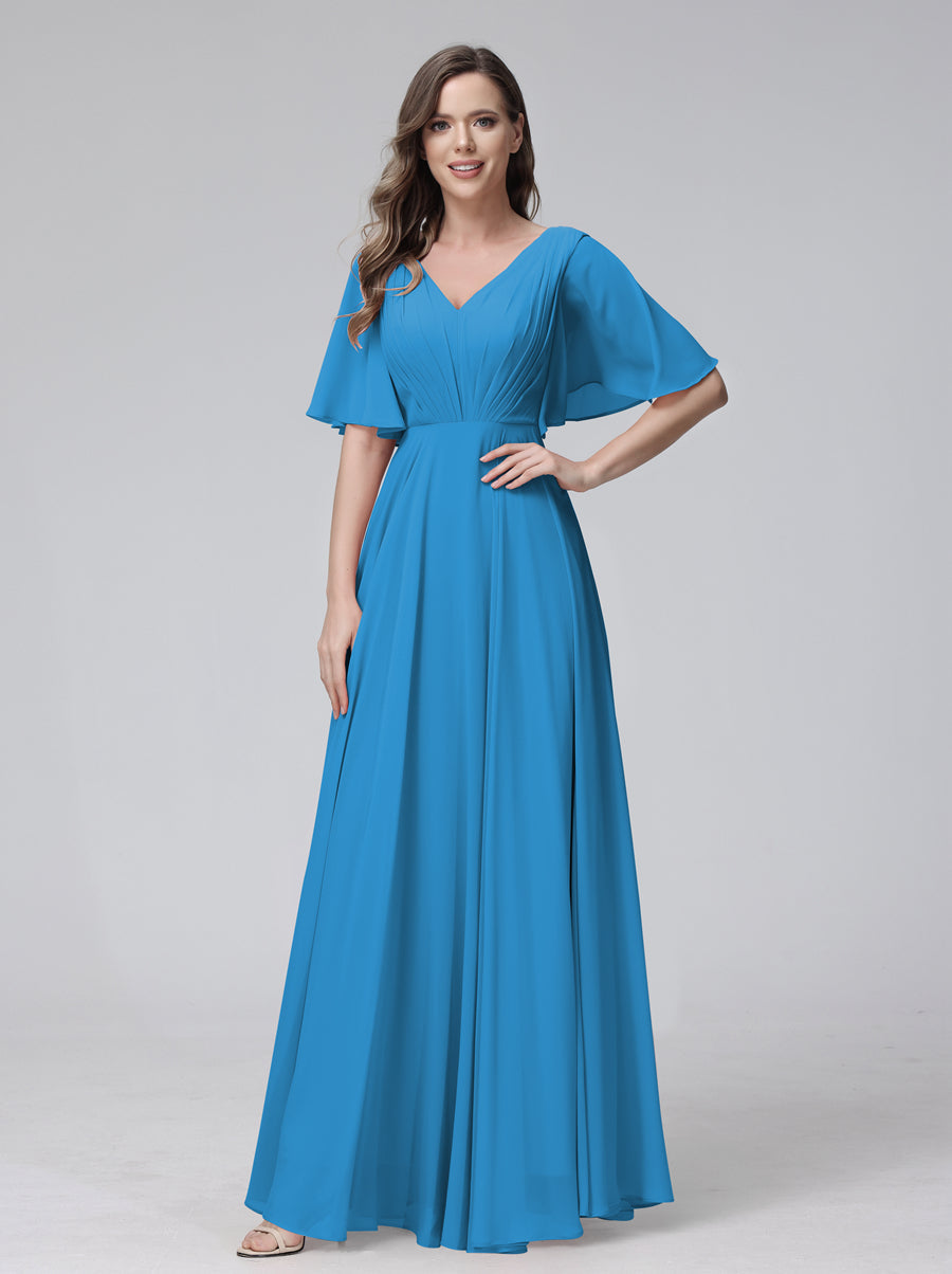 A-Line V-Neck Half Sleeves Long Chiffon Bridesmaid Dresses With Ruffles Pockets Ocean Blue