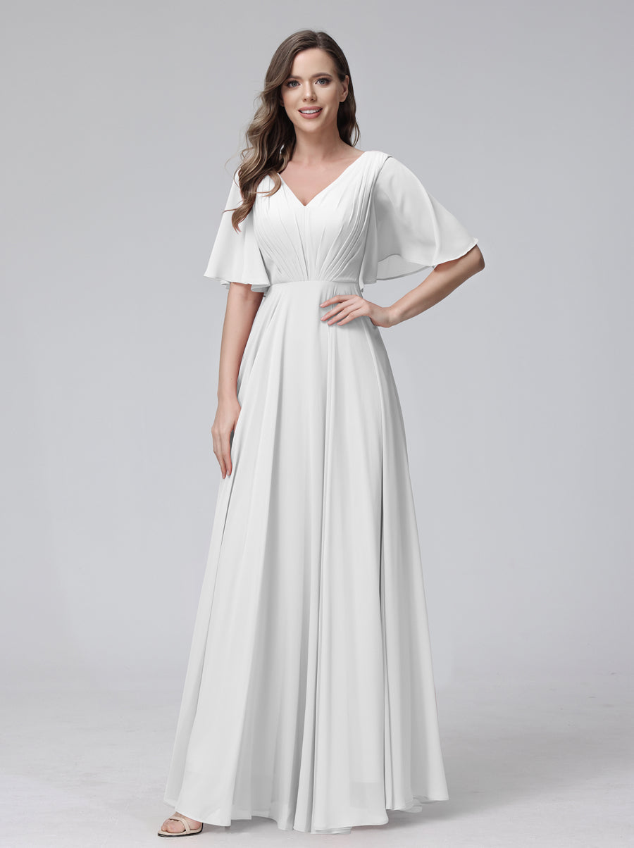 A-Line V-Neck Half Sleeves Long Chiffon Bridesmaid Dresses With Ruffles Pockets Off White
