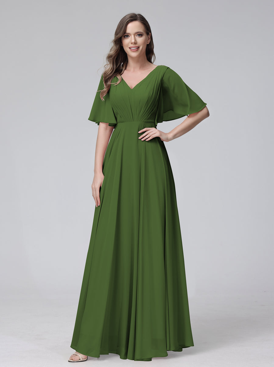 A-Line V-Neck Half Sleeves Long Chiffon Bridesmaid Dresses With Ruffles Pockets Olive Green
