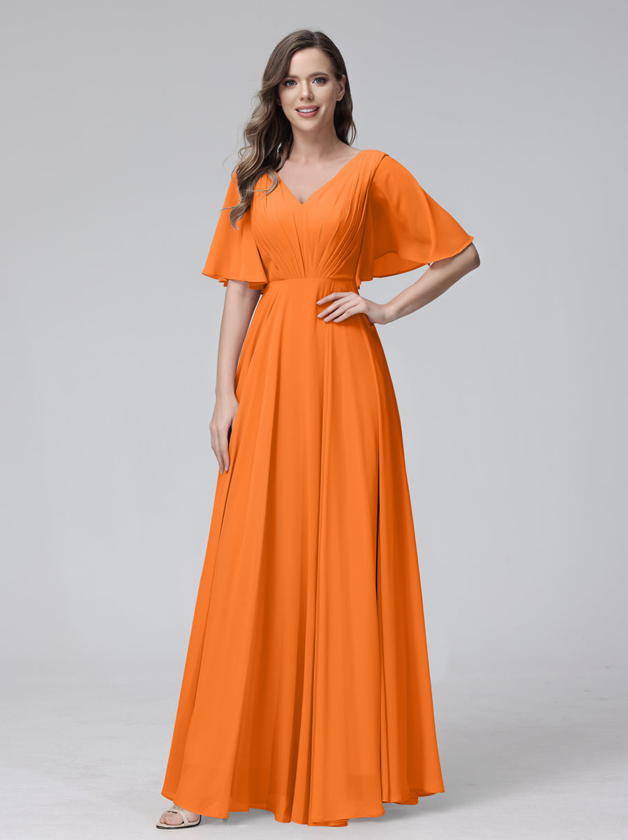 A-Line V-Neck Half Sleeves Long Chiffon Bridesmaid Dresses With Ruffles Pockets Orange