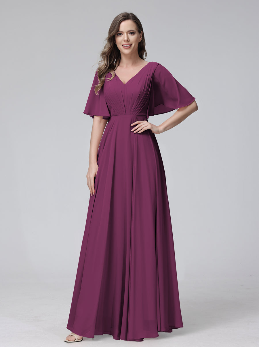 A-Line V-Neck Half Sleeves Long Chiffon Bridesmaid Dresses With Ruffles Pockets Orchid