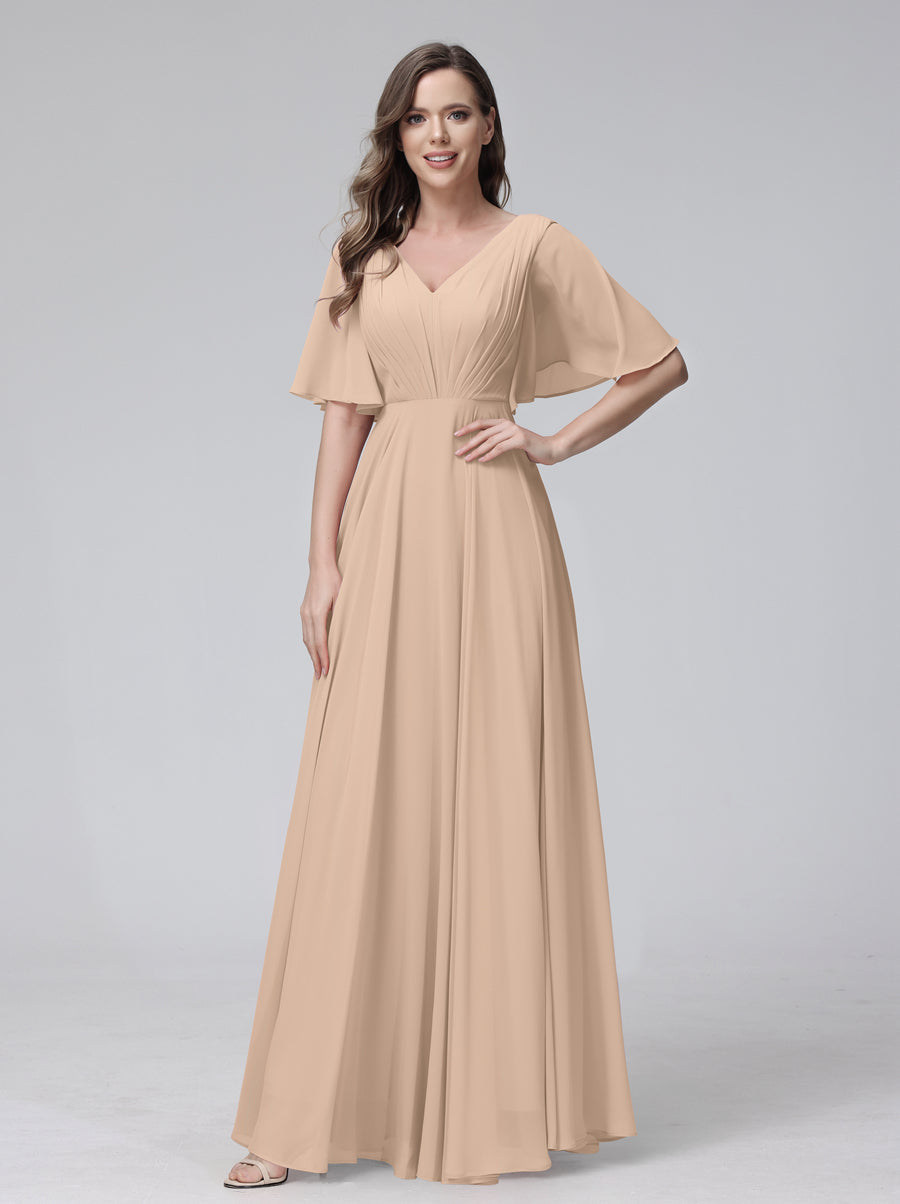 A-Line V-Neck Half Sleeves Long Chiffon Bridesmaid Dresses With Ruffles Pockets Peach Pink