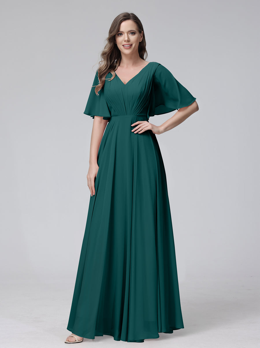 A-Line V-Neck Half Sleeves Long Chiffon Bridesmaid Dresses With Ruffles Pockets Peacock