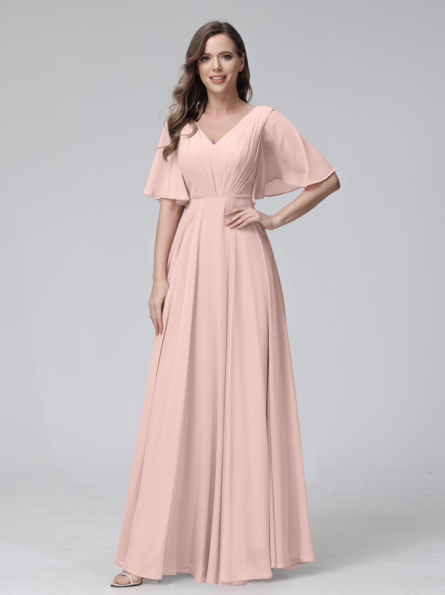 A-Line V-Neck Half Sleeves Long Chiffon Bridesmaid Dresses With Ruffles Pockets Pearl Pink