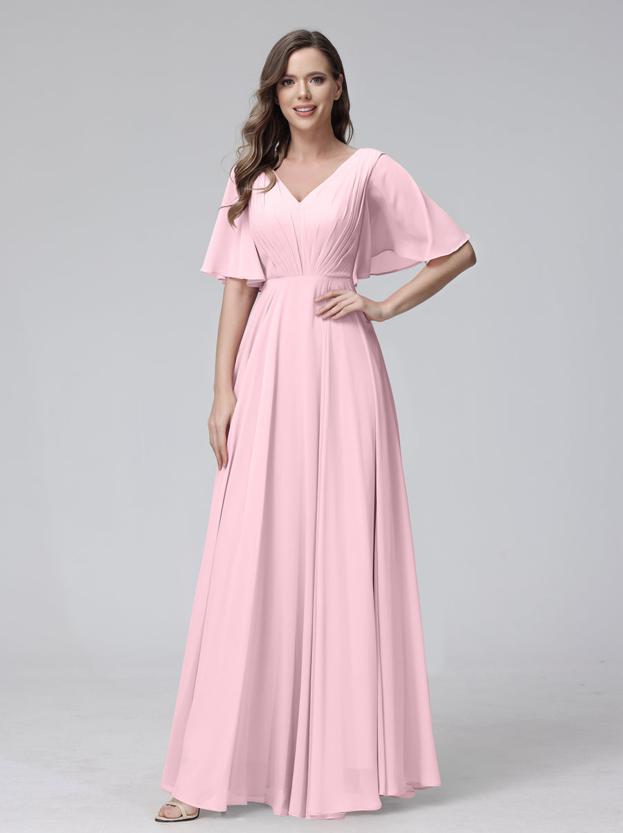 A-Line V-Neck Half Sleeves Long Chiffon Bridesmaid Dresses With Ruffles Pockets Pink