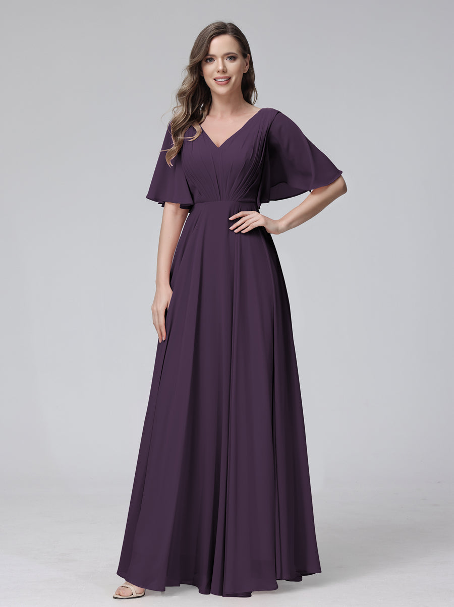 A-Line V-Neck Half Sleeves Long Chiffon Bridesmaid Dresses With Ruffles Pockets Plum