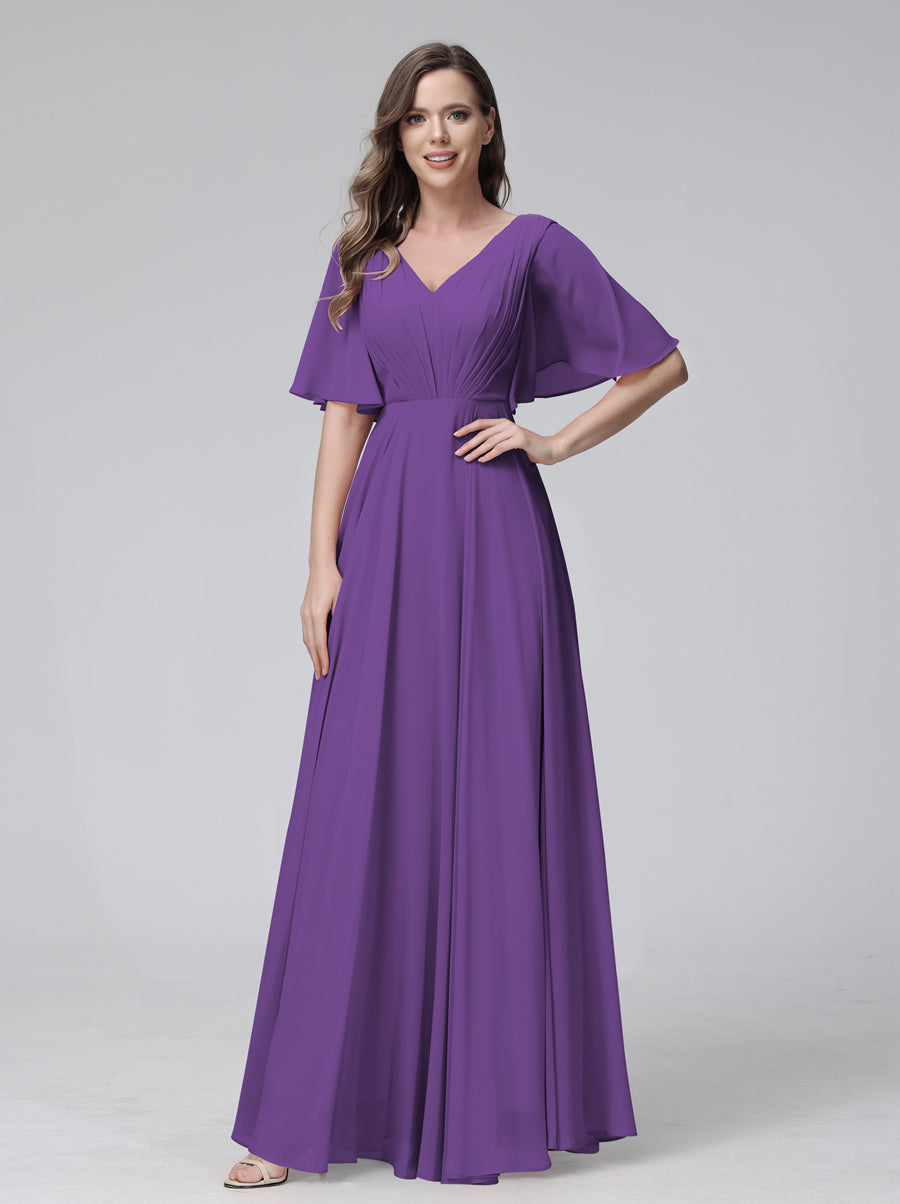 A-Line V-Neck Half Sleeves Long Chiffon Bridesmaid Dresses With Ruffles Pockets Purple