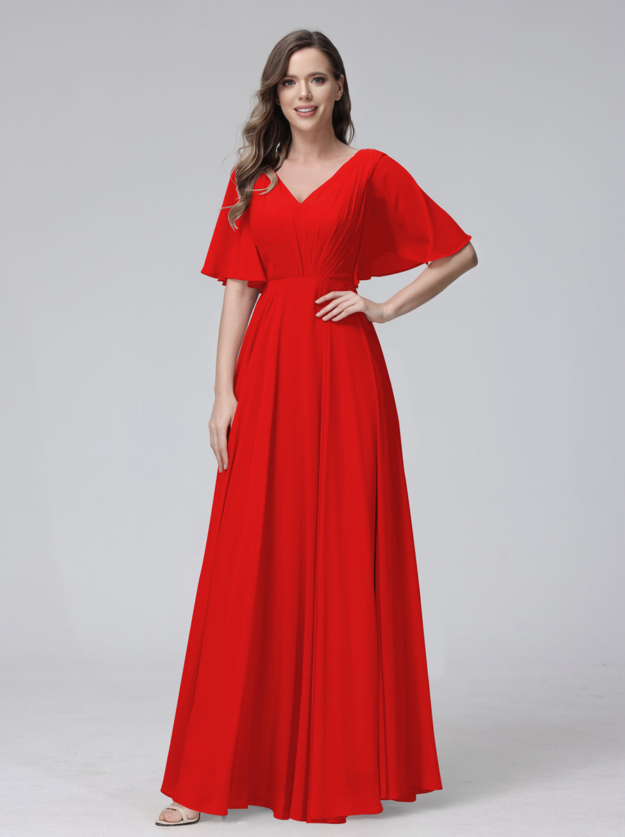 A-Line V-Neck Half Sleeves Long Chiffon Bridesmaid Dresses With Ruffles Pockets Red