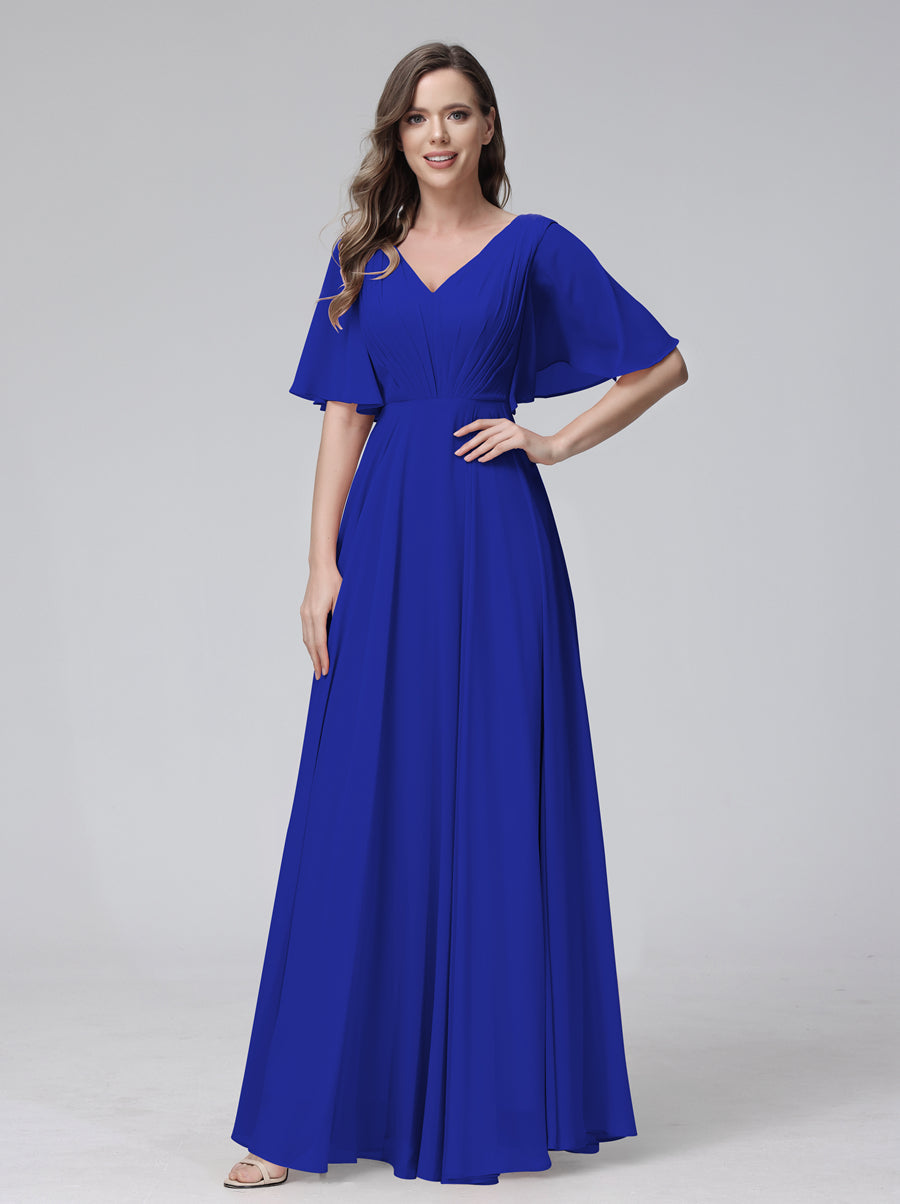 A-Line V-Neck Half Sleeves Long Chiffon Bridesmaid Dresses With Ruffles Pockets Royal Blue