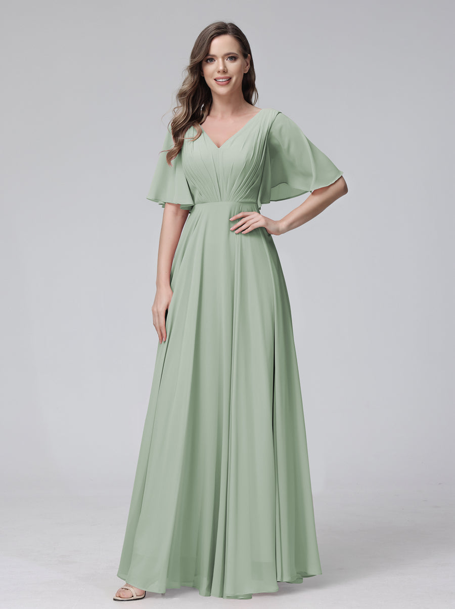 A-Line V-Neck Half Sleeves Long Chiffon Bridesmaid Dresses With Ruffles Pockets Sage