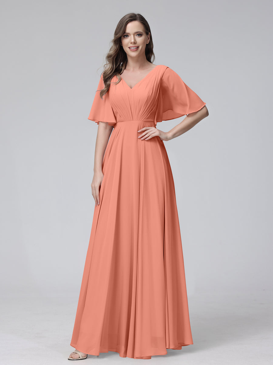 A-Line V-Neck Half Sleeves Long Chiffon Bridesmaid Dresses With Ruffles Pockets Salmon