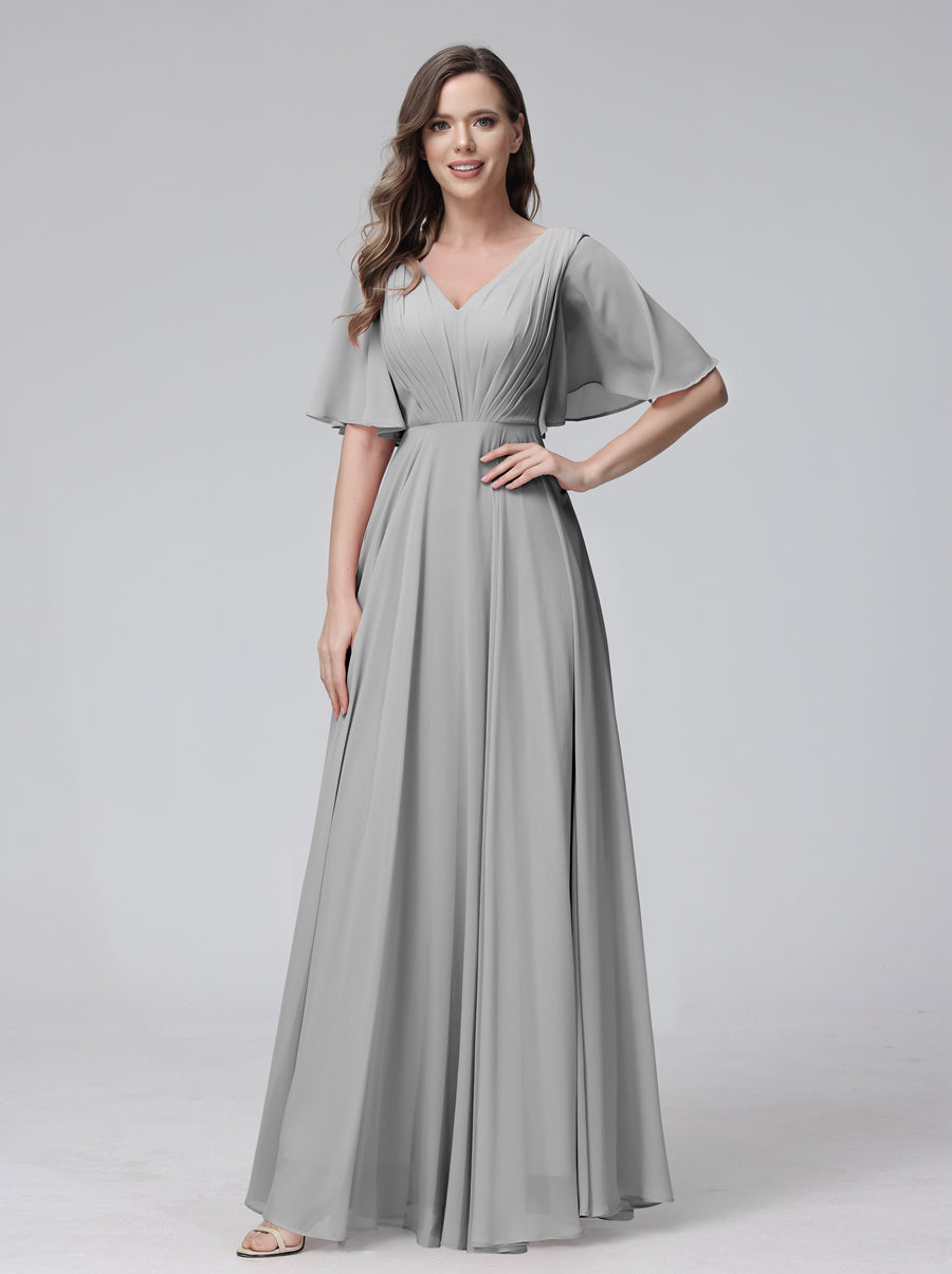 A-Line V-Neck Half Sleeves Long Chiffon Bridesmaid Dresses With Ruffles Pockets Silver