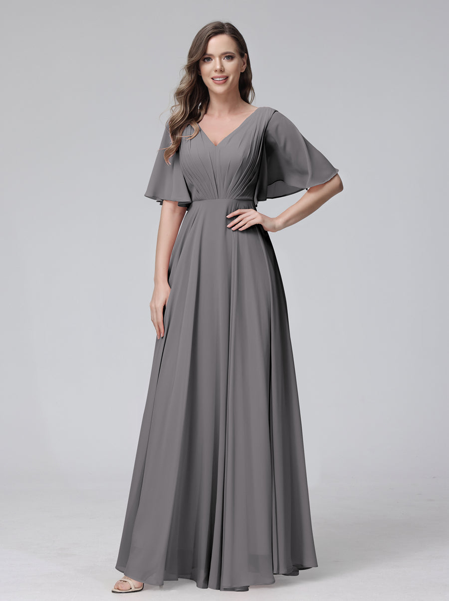 A-Line V-Neck Half Sleeves Long Chiffon Bridesmaid Dresses With Ruffles Pockets Silver Gray